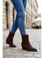 Semišové dámské boty kovbojky na podpatku zateplené čokoládové Dylira