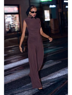 M890 Souprava s projmutým topem a širokými kalhotami - hnědá