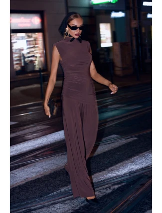 M890 Souprava s projmutým topem a širokými kalhotami - hnědá