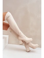 Upnuté kozačky nad kolena na podpatku jasně béžové Sanniraen