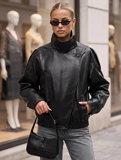 Dámská kožená bunda s stojáčkem, černá, FashionStreet TY5960