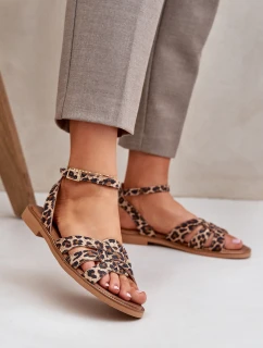 Kožené Dámské Sandály Na Plochém Podpatku Leopardí Zazoo 3688 Hnědé