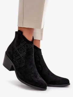 Ažurové Kotníkové Boty Kovbojky Na Zip Eko Semišové Černé S.Barski