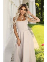 633-1 AURELIA dlouhé šaty s rozparkem a výstřihem typu caro - béžové s brokátem