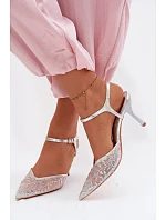 Dámské síťované sandály na jehlovém podpatku se třpytivým zdobením Stříbrné Laria