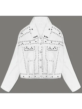 Bílá dámská džínová bunda s ozdobnými kamínky (M7010) Bílá dámská džínová bunda s ozdobnými kamínky (M7010)