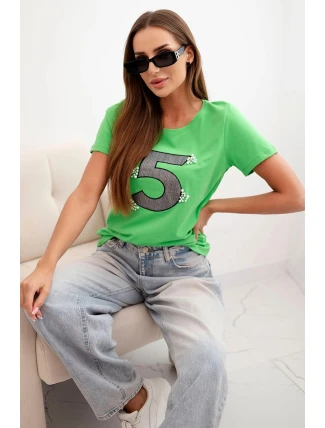 Dámská bavlněná blůza s krátkým rukávem a nášivkou s perličkami zelená Dámská bavlněná blůza s krátkým rukávem a nášivkou s perličkami zelená