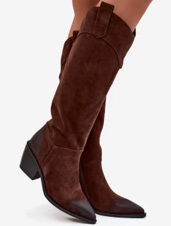 Dámské cowboy kozačky na podpatku z přírodního semiše Artiker – hnědé