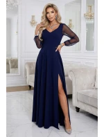 640-3 LORETTA jedinečné dlouhé šaty s tylovými rukávy a výstřihem - tmavě modré 640-3 LORETTA jedinečné dlouhé šaty s tylovými rukávy a výstřihem - tmavě modré