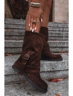 Dámské kozačky s obráceným svrškem do poloviny lýtka s přezkou hnědé Minelle