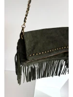 Semišová kabelka s třásněmi na řetízku tmavě zelená Narella
