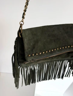 Semišová kabelka s třásněmi na řetízku tmavě zelená Narella