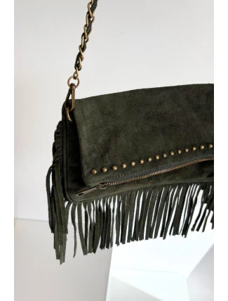 Semišová kabelka s třásněmi na řetízku tmavě zelená Narella