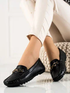 Luxusní dámské černé mokasíny bez podpatku