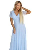 635-6 MELANIA dlouhé třpytivé svatební šaty s výstřihem a krátkými rukávy - modré