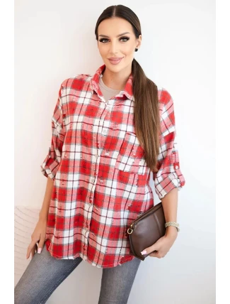 Dámská kostkovaná bavlněná košile s efektem obnošení červená