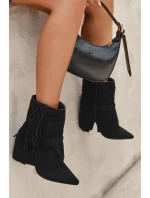 Dámské kotníkové boty na sloupku s třásněmi a zlatými přezkami Evelisse – černé