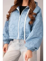 Dámská prošívaná bunda s kapucí a ozdobným květinovým vzorem jeansová