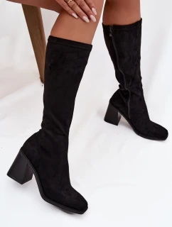 Ženské kozačky na robustním podpatku Eko semiš černé Traven