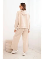 Dámský komplet máslový s širokými nohavicemi a mikinou na zip béžový
