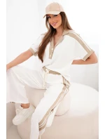 Dámský komplet s polo mikinou a širokými kalhotami máslový camelový