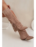 Dámské Kožené Boty Na Podpatku S třásněmi Béžové Zalia