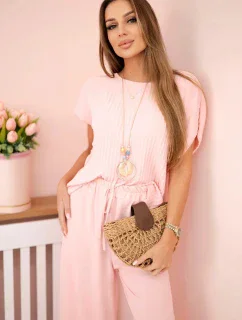 Viskózový komplet plisovaná halenka + kalhoty pudrově růžová