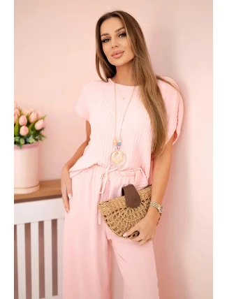 Viskózový komplet plisovaná halenka + kalhoty pudrově růžová