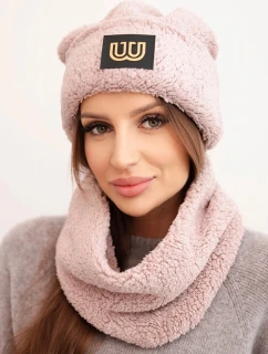 Dámská polarová souprava čepice a šála s ozdobnou nášivkou tmavě pudrově růžová