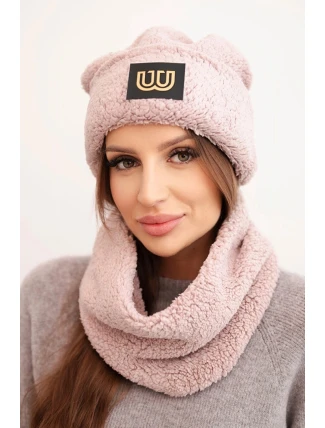 Dámská polarová souprava čepice a šála s ozdobnou nášivkou tmavě pudrově růžová