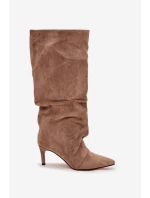 Vlněné kozačky na jehlovém podpatku z eko semiše zateplené béžové Mavella