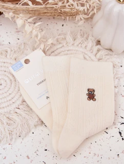 Dámské teplé ponožky s vlna a motivem medvídka – ecru
