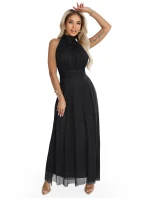 636-3 VERONICA luxusní dlouhé šaty s brokátovým akcentem a elegantním střihem - černé 636-3 VERONICA luxusní dlouhé šaty s brokátovým akcentem a elegantním střihem - černé