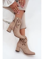Kožené dámenské vzorované boty na podpatku Zazoo 3647 světle béžové