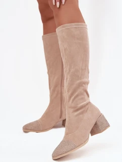 Dámské kozačky s ozdobou na bloku Eko semiš béžové Ivanna