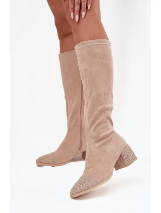 Dámské kozačky s ozdobou na bloku Eko semiš béžové Ivanna