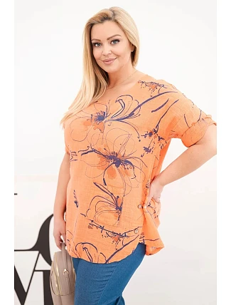 Dámská bavlněná halenka Plus Size s krátkým rukávem a kapsou oranžová Dámská bavlněná halenka Plus Size s krátkým rukávem a kapsou oranžová