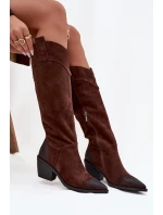 Dámské cowboy kozačky na podpatku z přírodního semiše Artiker – hnědé