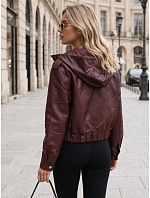 Dámská kožená bunda s kapucí, vínová, FashionStreet TY5855 Dámská kožená bunda s kapucí, vínová, FashionStreet TY5855
