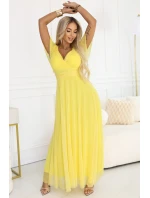 562-8 NASTIA Dlouhé šaty s výstřihem, kosticemi a krátkými rukávy - lemon limoncello