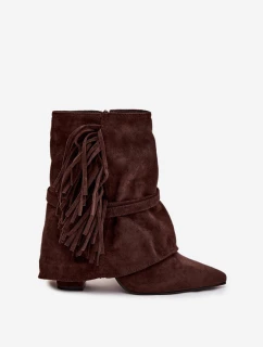 Dámské kotníkové boty na sloupkovém podpatku s třásněmi a zlatými přezkami Evelisse – čokoládové