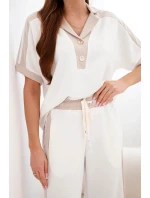 Dámský máslový komplet s polokošilí a širokými kalhotami béžový