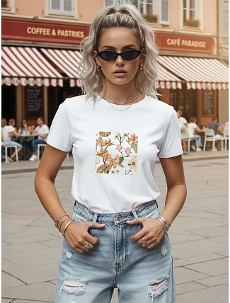 Dámské bavlněné tričko s motivem listů, bílé, FashionStreet NX8052RY Dámské bavlněné tričko s motivem listů, bílé, FashionStreet NX8052RY