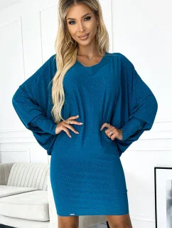 402-3 Netopýří šaty s výstřihem - mořská barva s třpytkami