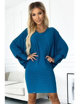 402-3 Netopýří šaty s výstřihem - mořská barva s třpytkami