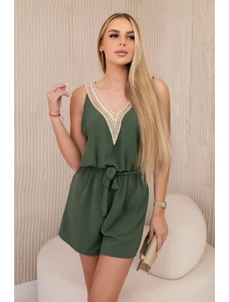 Krátká kombinéza s ozdobnou krajkou khaki