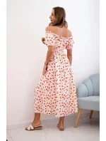 Dámské maxi šaty s květinami a nabíračkami béžová+červená Dámské maxi šaty s květinami a nabíračkami béžová+červená