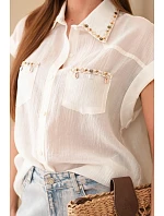 Dámská košile z tencelu s ozdobným límečkem a kapsami světle béžová