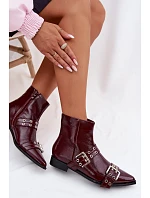 Lakované dámské kotníkové boty na plochém podpatku s pásky a přezkami Bordó Hamira