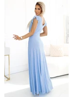 411-13 CRYSTAL třpytivé dlouhé šaty s výstřihem - MODRÉ s třpytkami